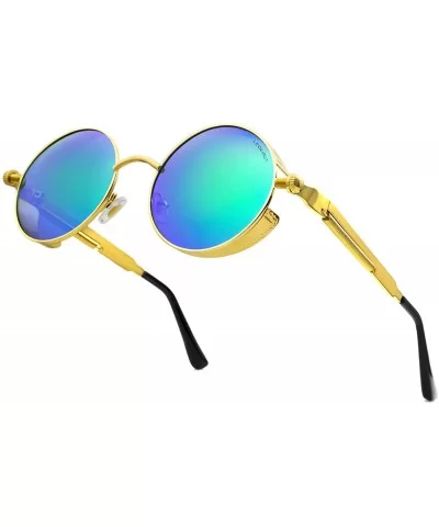 Women Men Round Sunglasses Retro Vintage Steampunk Style Mirror Reflective Circle lens - N4-gold Frame&green Lens - CN18YCALR...