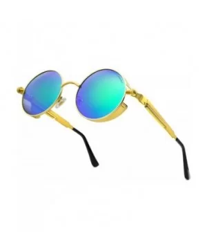 Women Men Round Sunglasses Retro Vintage Steampunk Style Mirror Reflective Circle lens - N4-gold Frame&green Lens - CN18YCALR...