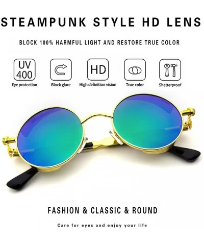 Women Men Round Sunglasses Retro Vintage Steampunk Style Mirror Reflective Circle lens - N4-gold Frame&green Lens - CN18YCALR...