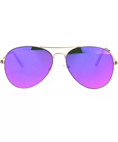 Color Mirror Lens Flat Panel Lens Metal Rim Officer Style Pilots Sunglasses - Gold Purple - C518IDU5A2X $10.10 Round