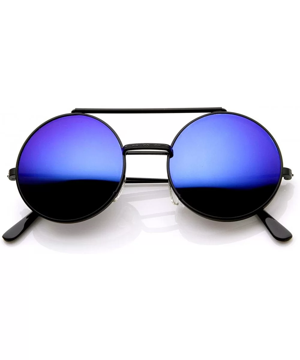 Limited Edition Color Mirror Flip-Up Lens Round Circle Django Sunglasses (Black Blue-Mirror) - CR11CL3KVHN $9.27 Round