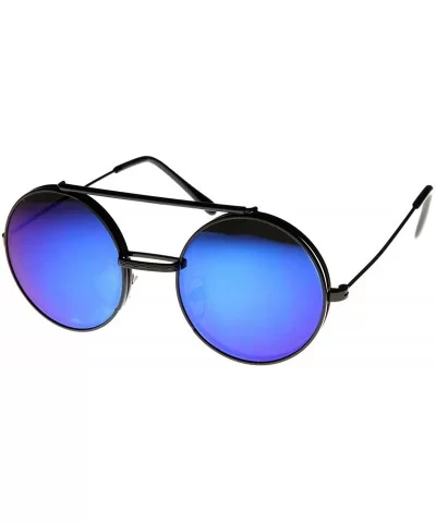 Limited Edition Color Mirror Flip-Up Lens Round Circle Django Sunglasses (Black Blue-Mirror) - CR11CL3KVHN $9.27 Round