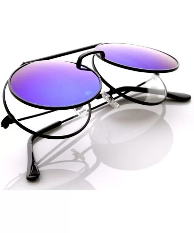 Limited Edition Color Mirror Flip-Up Lens Round Circle Django Sunglasses (Black Blue-Mirror) - CR11CL3KVHN $9.27 Round