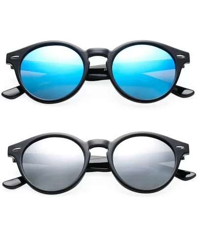 Vintage Round Polarized Sunglasses for Women Men Horn Rimmed Circle Mirrored Lens Sun Glasses(Black/Blue Mirror) - CH18Y0N78T...