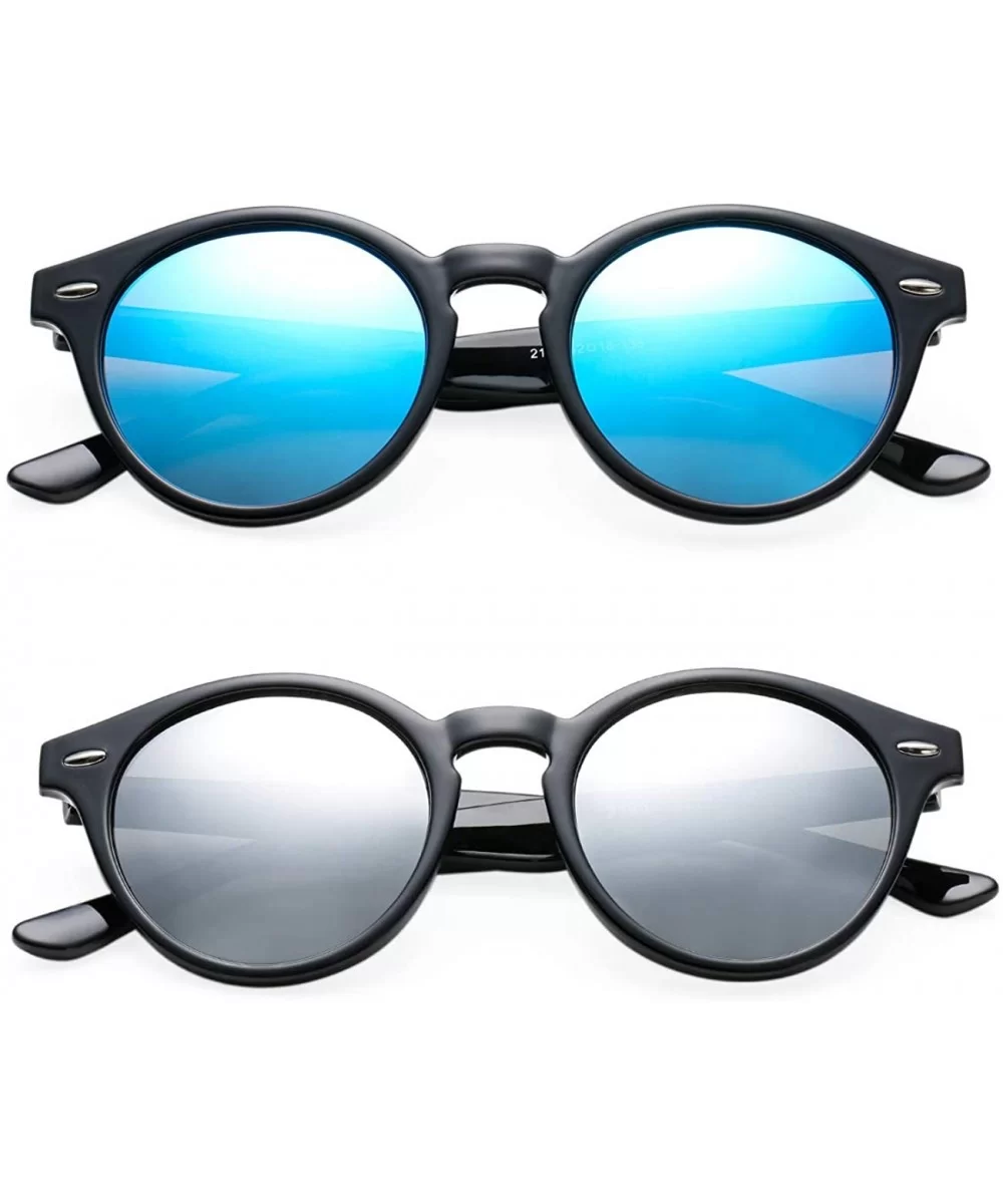 Vintage Round Polarized Sunglasses for Women Men Horn Rimmed Circle Mirrored Lens Sun Glasses(Black/Blue Mirror) - CH18Y0N78T...