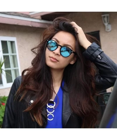 Vintage Round Polarized Sunglasses for Women Men Horn Rimmed Circle Mirrored Lens Sun Glasses(Black/Blue Mirror) - CH18Y0N78T...