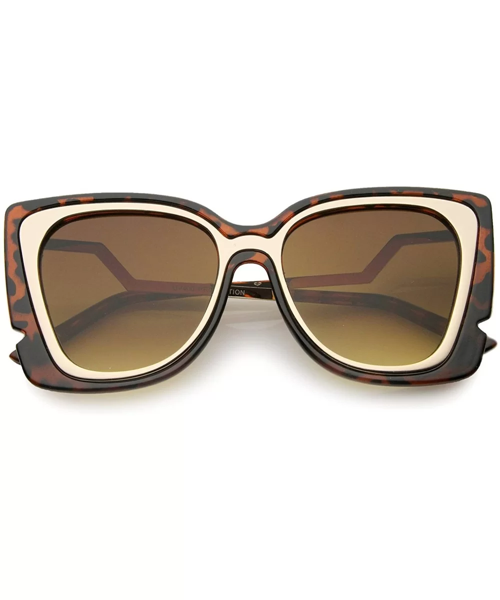 Oversize Notched Frame Zigzag Temple Flat Lens Cat Eye Sunglasses 51mm - Tortoise-gold / Amber - CK12N2U17HH $7.53 Cat Eye