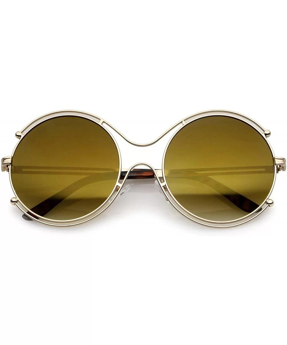 Oversize Wire Rimmed Temple Cutout Colored Mirror Round Sunglasses 58mm - Gold / Gold Mirror - CW12OBTC6UP $6.74 Oversized