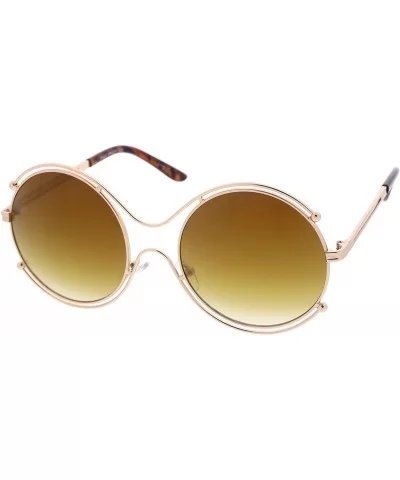 Oversize Wire Rimmed Temple Cutout Colored Mirror Round Sunglasses 58mm - Gold / Gold Mirror - CW12OBTC6UP $6.74 Oversized