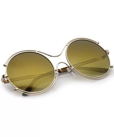 Oversize Wire Rimmed Temple Cutout Colored Mirror Round Sunglasses 58mm - Gold / Gold Mirror - CW12OBTC6UP $6.74 Oversized