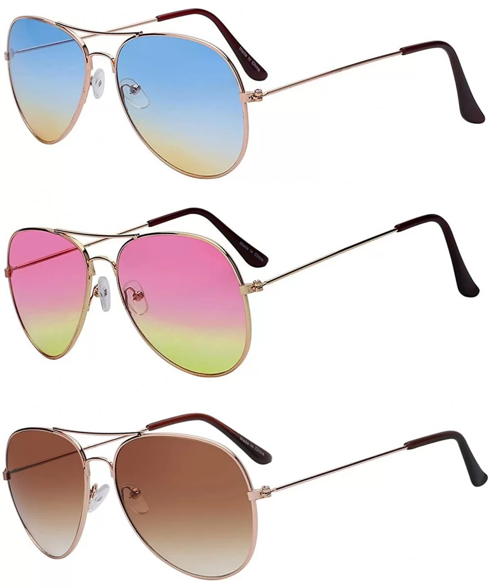 3 Pairs Classic Aviator Sunglasses Two Tone Color Lens Gold Metal Frame - .Blue-pink-brown - CX18NLOQ06E $7.09 Aviator