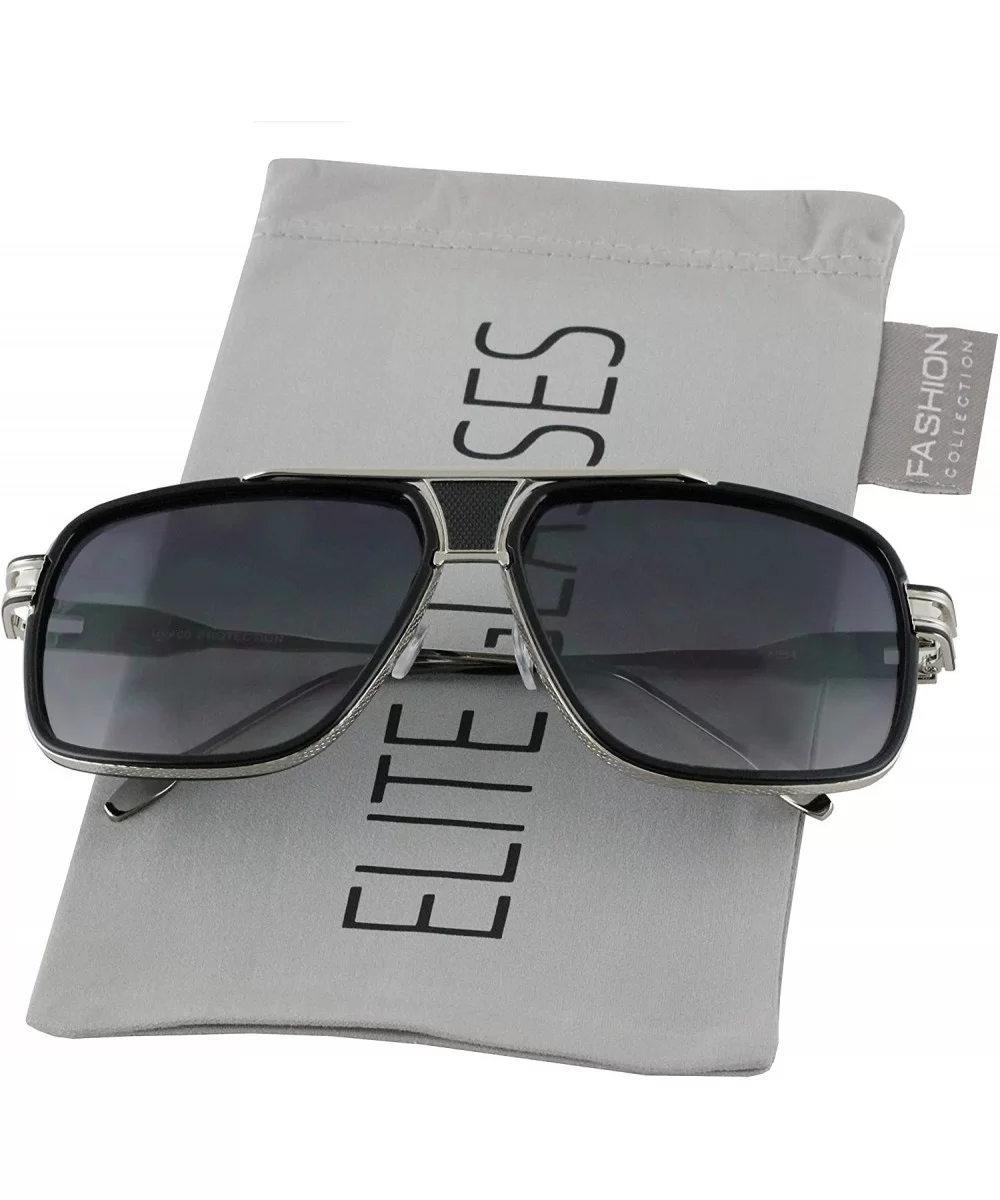 Designer Metal Frame Classic Retro Square Aviator Fashion Sunglasses For Men - Black Silver - CY18GX7Y2NW $6.55 Square