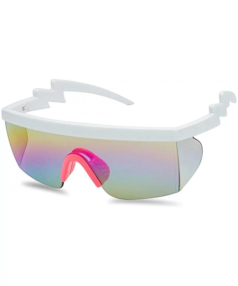 Flat Top Crooked Bolt Arm Goggle Style Color Mirror Shield 80s Sunglasses - White Pink - CC18DSRT4QC $9.93 Shield