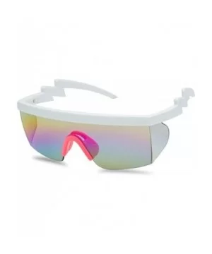 Flat Top Crooked Bolt Arm Goggle Style Color Mirror Shield 80s Sunglasses - White Pink - CC18DSRT4QC $9.93 Shield