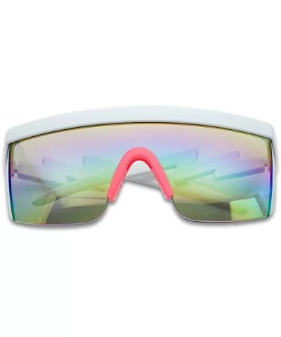 Flat Top Crooked Bolt Arm Goggle Style Color Mirror Shield 80s Sunglasses - White Pink - CC18DSRT4QC $9.93 Shield