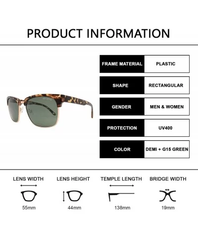 Polarized Semi Rimless Sunglasses for Men and Women- Retro Shades UV Protection - Demi + Green (G15) - CN188K60MH2 $7.80 Rect...