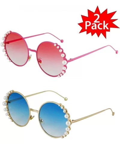 Fashion Round Pearl Decor Metal Frame Women's Sunglasses UV Protection - Pink and Blue - CY18TNRNI7E $17.92 Shield