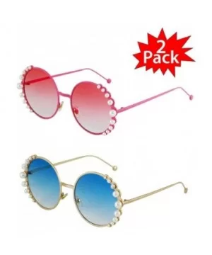 Fashion Round Pearl Decor Metal Frame Women's Sunglasses UV Protection - Pink and Blue - CY18TNRNI7E $17.92 Shield