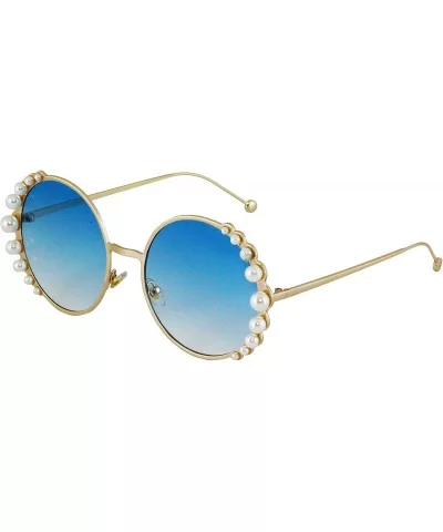 Fashion Round Pearl Decor Metal Frame Women's Sunglasses UV Protection - Pink and Blue - CY18TNRNI7E $17.92 Shield