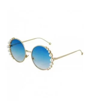 Fashion Round Pearl Decor Metal Frame Women's Sunglasses UV Protection - Pink and Blue - CY18TNRNI7E $17.92 Shield