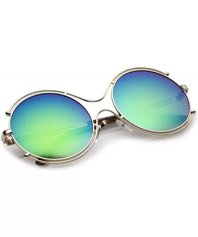 Oversize Wire Rimmed Temple Cutout Colored Mirror Round Sunglasses 58mm - Gold / Green Mirror - CX12OBTC23T $10.02 Oversized