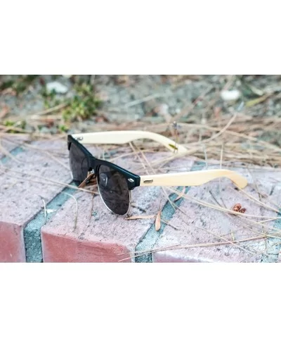 Retro Half Frame Horned Rim Bamboo Polarized Sunglasses 540908BM-P - Matte Black+grey Wood - CO12NSDJ2E7 $8.24 Wayfarer