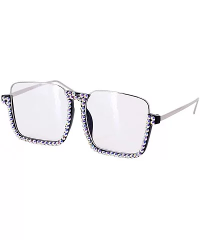 Oversized Diamond Sunglasses for Women Square Bling Rhinestone Shades - Blue White - CW197M3MR35 $14.25 Cat Eye