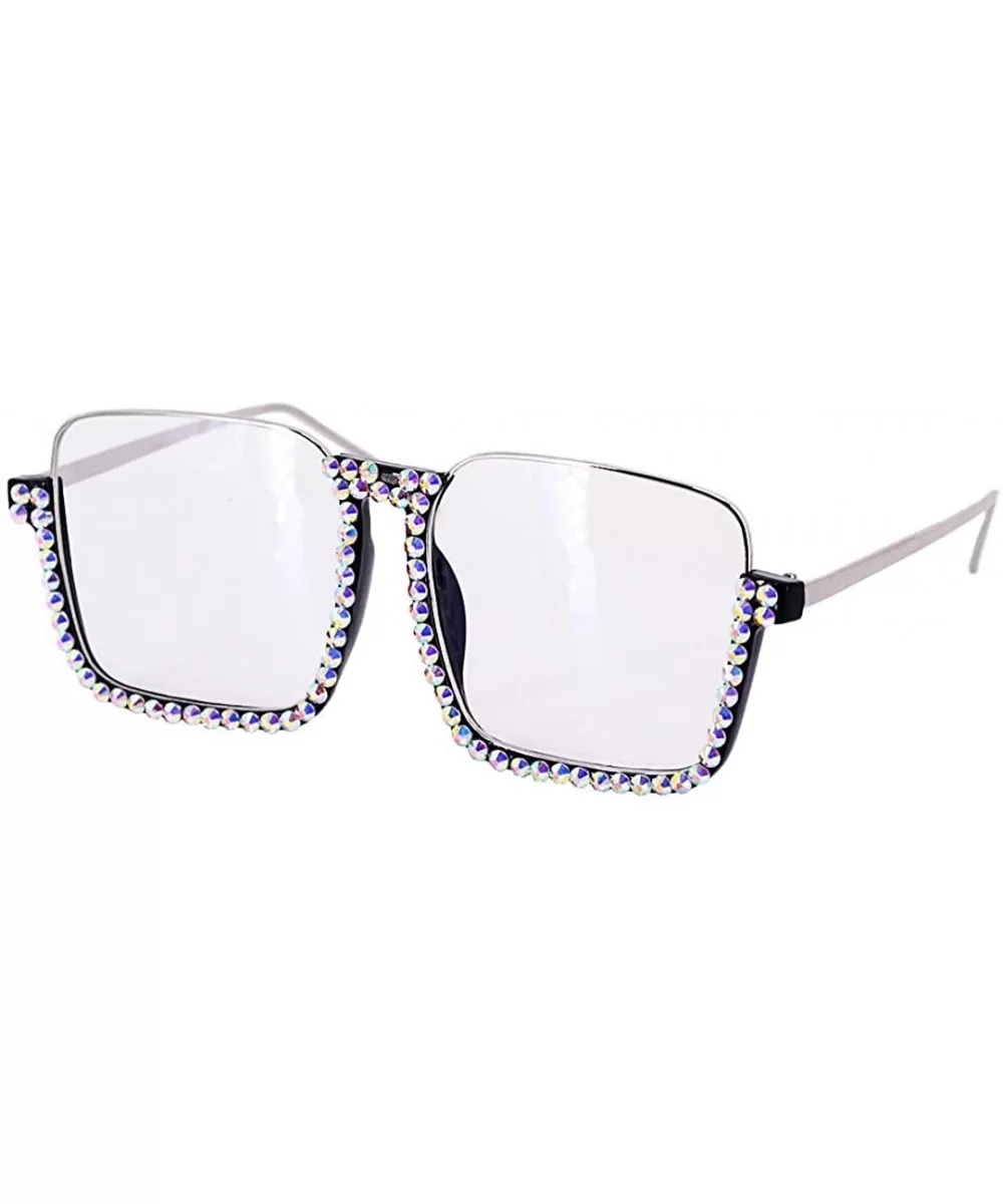 Oversized Diamond Sunglasses for Women Square Bling Rhinestone Shades - Blue White - CW197M3MR35 $14.25 Cat Eye