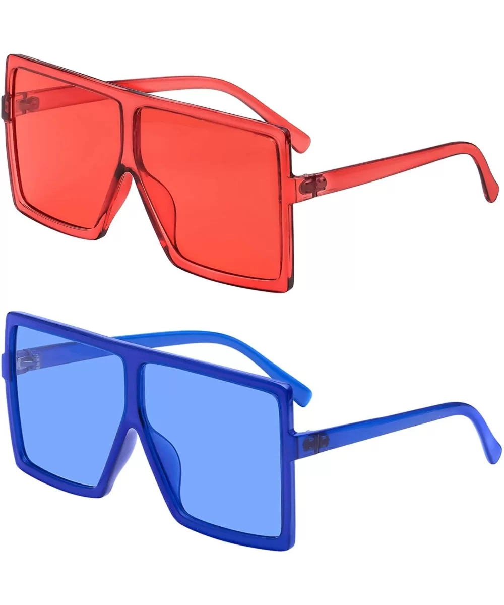 Square Oversized Sunglasses for Women Men Flat Top Fashion Shades - 2pcs-navy Blue +Deep Red - CM190DZXAIY $8.15 Rimless