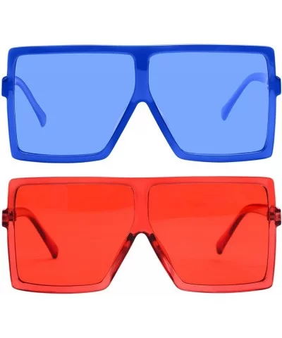 Square Oversized Sunglasses for Women Men Flat Top Fashion Shades - 2pcs-navy Blue +Deep Red - CM190DZXAIY $8.15 Rimless