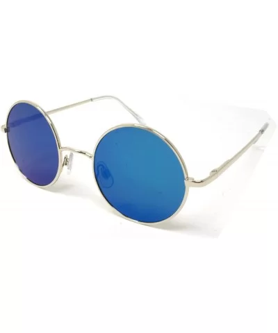 Sunglasses Vintage Hippie Retro Metal Round Circle Flat Lens - Shiny Silver / Blue Mirror Flat Lens - CE185OIXQR5 $13.03 Sport