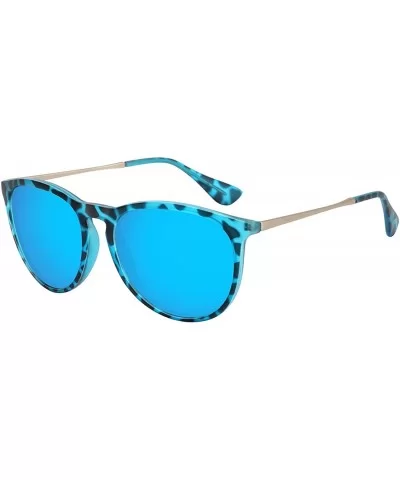 Polarized Sunglasses for Women Vintage Retro Round Mirrored Lens - Blue Leopard Frame Blue Lens - CC19CON3UU5 $12.75 Sport