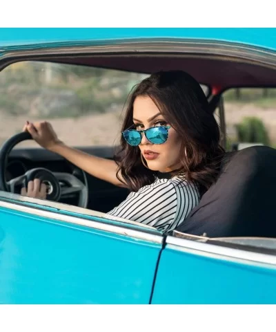 Polarized Sunglasses for Women Vintage Retro Round Mirrored Lens - Blue Leopard Frame Blue Lens - CC19CON3UU5 $12.75 Sport