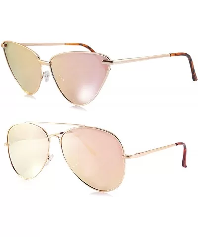 Single or 2 Pack Pink Mirrored Flat Lens Sunglasses Women (2 Pack/Pilot & Foxy Cat Eye - 52-63) - CF18687WDG3 $16.72 Oversized