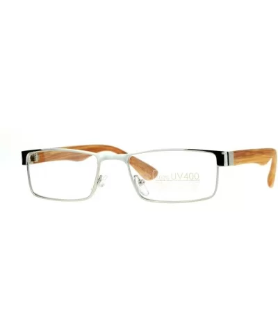 Mens Minimal Narrow Rectangular Metal Rim Wood Grain Arm Eyeglasses - Silver Medium Wood - CG12K07SDUX $5.03 Rectangular