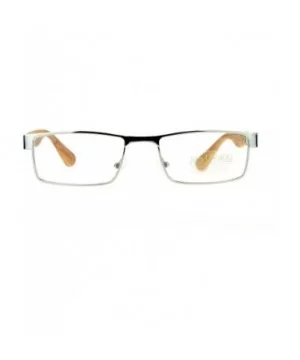 Mens Minimal Narrow Rectangular Metal Rim Wood Grain Arm Eyeglasses - Silver Medium Wood - CG12K07SDUX $5.03 Rectangular