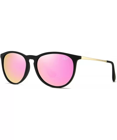 Premium Classic Polarized Sunglasses for Women Men TR90 TAC Round Mirrored Lens - Black Frame Pink Lens - CH18YDR3KNI $9.67 R...