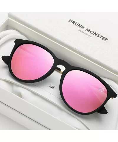 Premium Classic Polarized Sunglasses for Women Men TR90 TAC Round Mirrored Lens - Black Frame Pink Lens - CH18YDR3KNI $9.67 R...