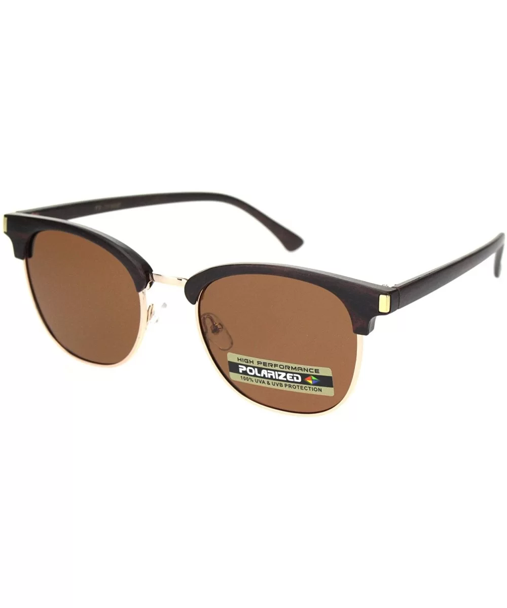 Mens Polarized Hipster Half Horn Rim Rectangular Designer Sunglasses - Brown Wood Grain Gold Brown - CB18ONMD2UC $9.37 Rectan...