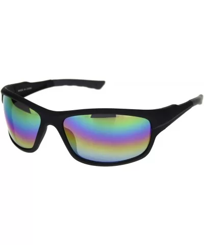 Mens Classic Rectangular Warp Around Sport Plastic Sunglasses - Matte Black Grey Oil Slick Mirror - CV18R8NC5CM $6.82 Rectang...