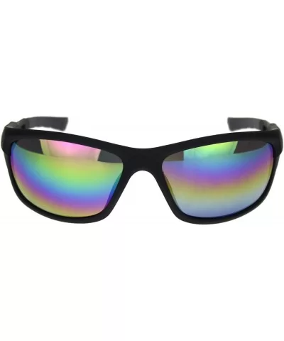 Mens Classic Rectangular Warp Around Sport Plastic Sunglasses - Matte Black Grey Oil Slick Mirror - CV18R8NC5CM $6.82 Rectang...