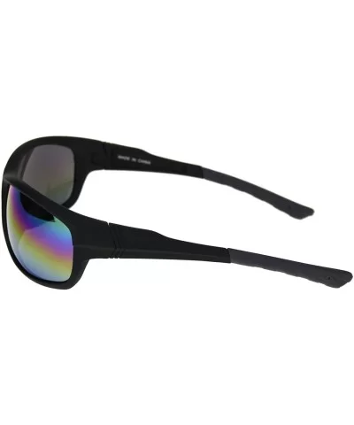 Mens Classic Rectangular Warp Around Sport Plastic Sunglasses - Matte Black Grey Oil Slick Mirror - CV18R8NC5CM $6.82 Rectang...