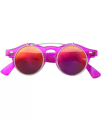 Flip Up Round Punk Sunglasses Steampunk Circle Retro - Transparent Hot Pink Frame - Fire Mirror Lens - C818E7ZNYZC $9.73 Round