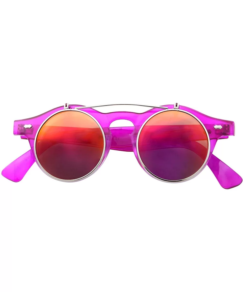 Flip Up Round Punk Sunglasses Steampunk Circle Retro - Transparent Hot Pink Frame - Fire Mirror Lens - C818E7ZNYZC $9.73 Round