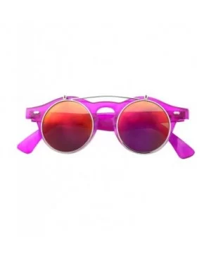 Flip Up Round Punk Sunglasses Steampunk Circle Retro - Transparent Hot Pink Frame - Fire Mirror Lens - C818E7ZNYZC $9.73 Round