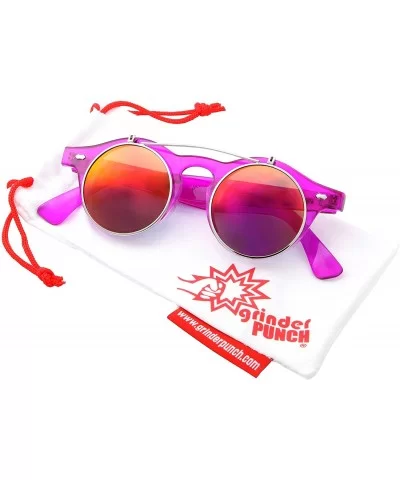 Flip Up Round Punk Sunglasses Steampunk Circle Retro - Transparent Hot Pink Frame - Fire Mirror Lens - C818E7ZNYZC $9.73 Round