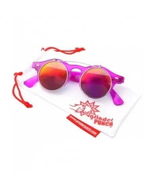 Flip Up Round Punk Sunglasses Steampunk Circle Retro - Transparent Hot Pink Frame - Fire Mirror Lens - C818E7ZNYZC $9.73 Round