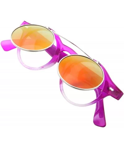 Flip Up Round Punk Sunglasses Steampunk Circle Retro - Transparent Hot Pink Frame - Fire Mirror Lens - C818E7ZNYZC $9.73 Round