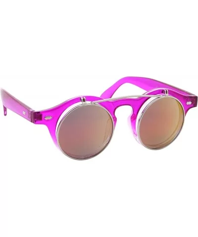 Flip Up Round Punk Sunglasses Steampunk Circle Retro - Transparent Hot Pink Frame - Fire Mirror Lens - C818E7ZNYZC $9.73 Round