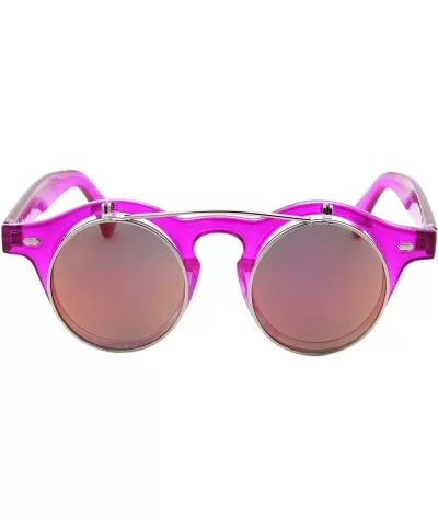 Flip Up Round Punk Sunglasses Steampunk Circle Retro - Transparent Hot Pink Frame - Fire Mirror Lens - C818E7ZNYZC $9.73 Round